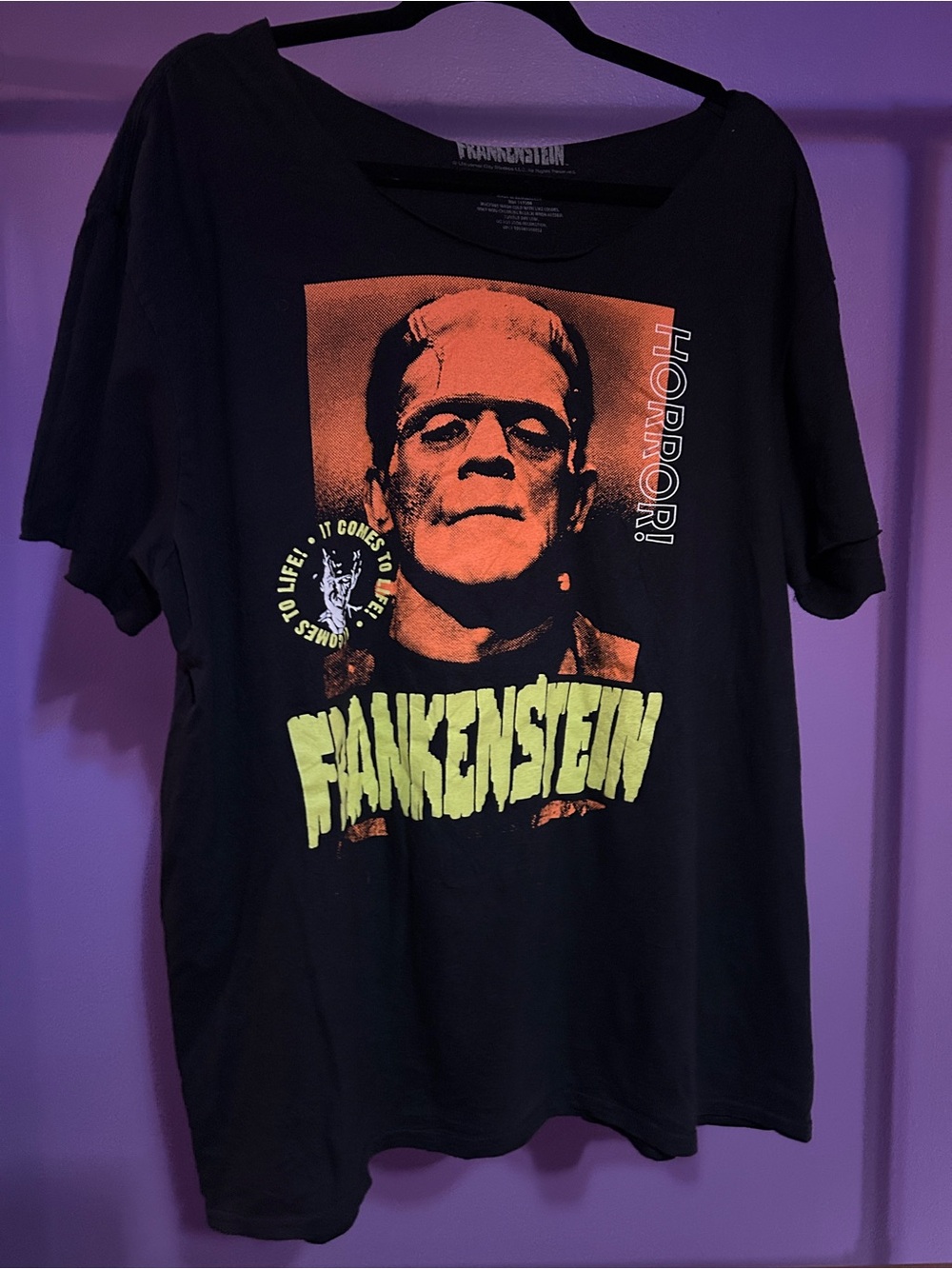 Frankenstein Graphic Tee - Black with Orange and Lime Print XL